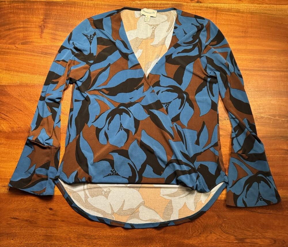 Veronica M Women’s Blue Brown Wrap Style Long Sleeve Blouse Sz Small
